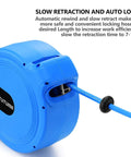 Blue heavy duty retractable air hose reel with 50ft of 3/8 inch hose for air compressors, features slow return safety system.