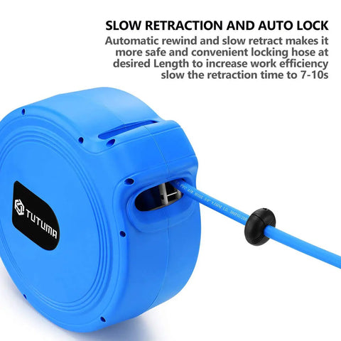 Blue heavy duty retractable air hose reel with 50ft of 3/8 inch hose for air compressors, features slow return safety system.