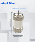 UHF Female to Female Coaxial Barrel Adapter SO239 Coupler Jack Connector shown with product size dimensions in inches