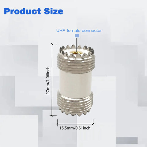 UHF Female to Female Coaxial Barrel Adapter SO239 Coupler Jack Connector shown with product size dimensions in inches