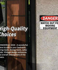 12 X 8 Inch Aluminum Danger Sign Heads Up Watch Out For Moving Equipment Metal Sign mounted on outdoor wall