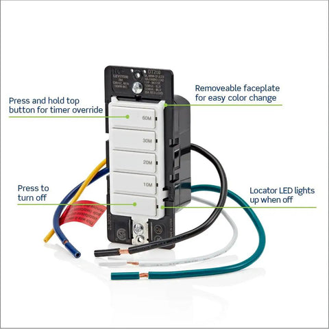 Countdown Timer Switch For Bathroom Lights And Fans With Four Presets 10 20 30 60 Minutes, Neutral Wire Required, 20A, 1HP 16A Motor, Single Pole Multiway Or Multi Timer, Easy Install, White in package with wires and labels
