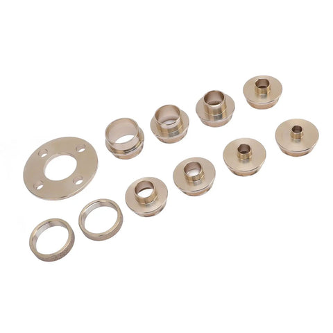 Rock Solid Brass Router Bushing Template Kit With Eight Precision Sizes And A Heavy Duty Carry Case for wood routing, showing brass bushings.