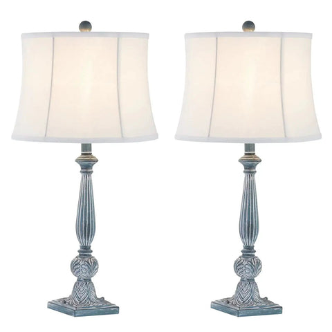 Farmhouse Table Lamps Set of 2, 27.5 Inches, Antique Blue Rustic End Table Lamps With White Bell Shade, 3-Way Dimmable Bedside Lighting