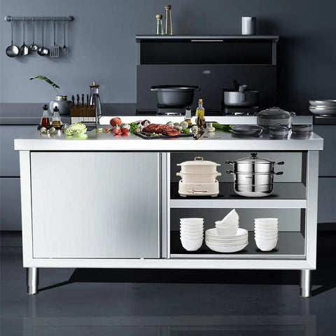 Heavy Duty Stainless Steel Prep Workbench With Cabinet Sliding Doors And Splatter Guard Backsplash Commercial Grade Metal Kitchen Workhorse Built Like A Tank Featuring Solid Rubber Feet with ingredients.