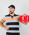 Fire Extinguisher Sign With Down Arrow Acrylic 8 By 6 Inches 4 Pre Drilled Holes With Screws Included Easy Install Indoor Outdoor Use For Home Office Business Safety Wall Decor being held by a person.