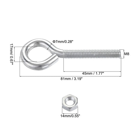 Heavy Duty M8x50mm Eye Hooks Screws Kit, 5pc Carbon Steel Hanger Hardware With Hex Nuts For Metal Hooks, Wood Terminals, Eyelet Rings, Ring Hooks And Bolts Set, M8 eye hook with nut