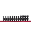 Twelve Piece Quarter Inch Drive Metric Impact Socket Set Built To Take A Beating With Radius Corner Design on red rail