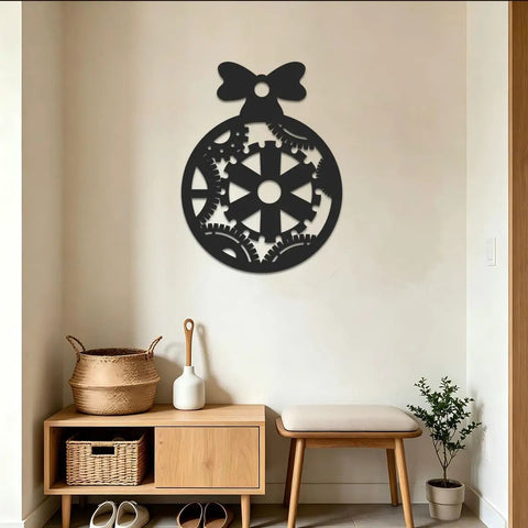 Black Steampunk Gear Pocket Watch Bow Metal Wall Art Decor For Industrial Home With Nature Themed Cabin Forest Farm Wildlife Scenes Sculpture on wall.