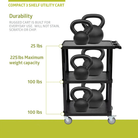 3 Tier Compact Utility Cart With Lockable Wheels Heavy Duty Plastic Organizer Rolling Cart, holds kettlebells, black.