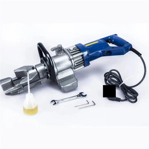 Portable Electric Rebar Cutter And Bender Machine RB16 with compact design, tools, and oil for construction projects.