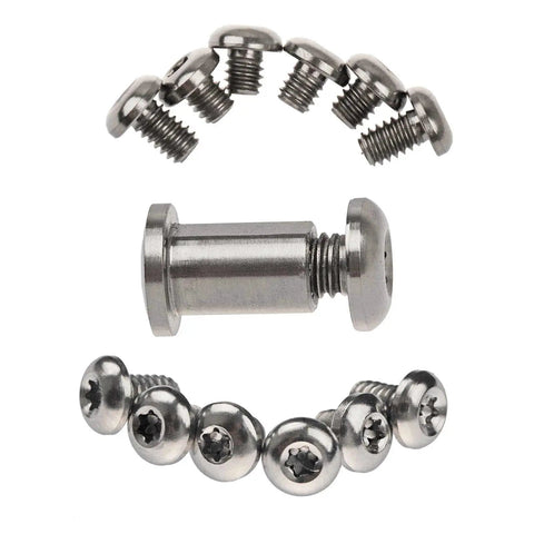 Rock Solid Titanium Torx Replacement Screw Kit Includes One Pivot Nut Plus Two T10 Bolts Eighteen Compact T6 Body Screws And Four Extended T6 Clip Fasteners, showing assorted titanium screws.