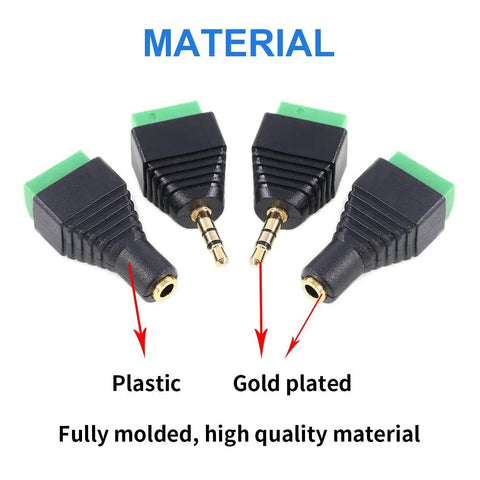 8 Piece 3.5mm Stereo Audio Jack To Av Terminal Adapter Kit Built Like A Tank With Gold Plated Copper Contacts showing quality connectors.