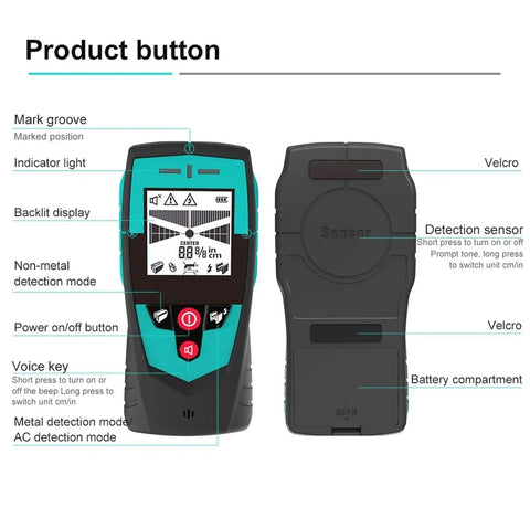 Handheld Workhorse Wall Scanner Combined With Precision Metal Detector Featuring High Contrast LCD Screen showing buttons and features.