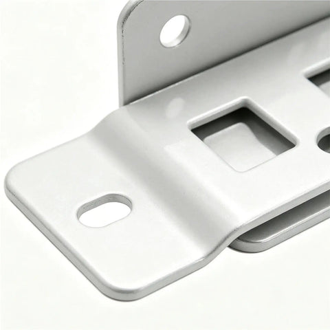 Close-up of Heavy Duty L Shaped Metal Furniture Joint Bracket with quick fitting locking clip corner brace, showing mounting holes.