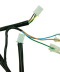 Close-up of a Complete GY6 Wiring Harness For 50cc 70cc 90cc 110cc 125cc 4 Stroke ATVs Mopeds Dirt Bikes Go Karts Ride Ready Replacement Upgrade TaoTao VIP 139QMB Compatible with Various 50cc to 125cc Engines, showing connectors and wires.