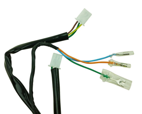 Close-up of a Complete GY6 Wiring Harness For 50cc 70cc 90cc 110cc 125cc 4 Stroke ATVs Mopeds Dirt Bikes Go Karts Ride Ready Replacement Upgrade TaoTao VIP 139QMB Compatible with Various 50cc to 125cc Engines, showing connectors and wires.