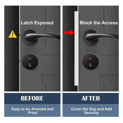 Heavy Duty Stainless Steel Door Latch Shield Plate Anti Pry Guard For Outswing Residential Entries showing exposed latch versus shielded door.