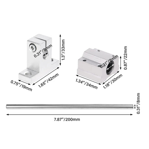 Horizontal 8mm Diameter Linear Motion Ball Bearing Slide Bushing And 200mm Linear Shaft Optical Axis With Rod Rail Support Set, dimensions shown