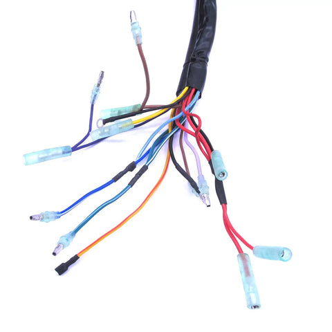 Detailed view of wires from the Outboard 84-896536T01 14 Pin Main Wire Harness Replacement Cable For Remote Control Box, 15 Feet Long Marine Electrical Kit.