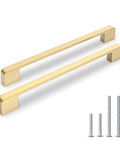 10 Pack 8 Inch Brushed Brass Cabinet Pulls Solid Zinc Alloy Handles For Kitchen Cabinets And Drawers, 8.46 Inch Overall Length, screws shown