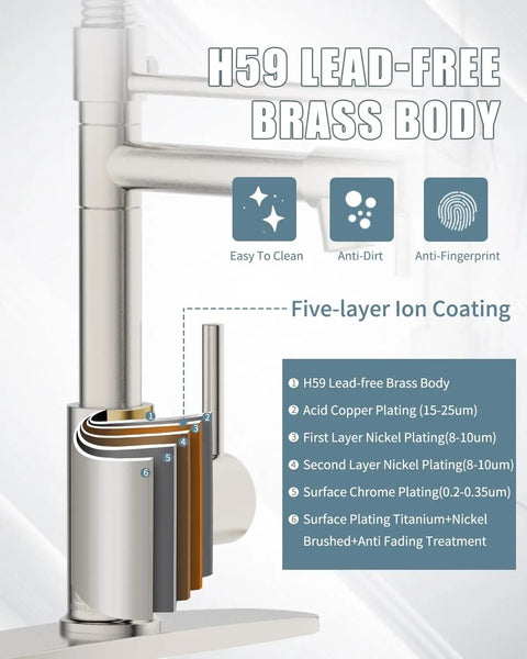 Five-layer ion coating on RV Kitchen Faucet With Soap Dispenser And Pull Down Sprayer, showing H59 lead-free brass body and plating layers.