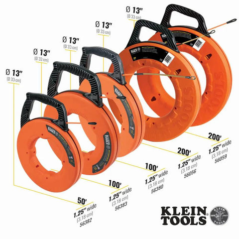 Klein Tools 56380 Non-Conductive Electrical Fish Tape With Multi-Groove Fiberglass Wire Puller, 100ft size displayed with measurement details.