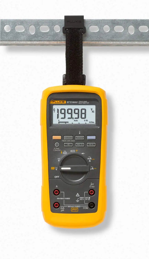 Pro Grade True RMS Digital Multimeter Kit With Premium Leads And ToolPak Hanging Kit, shown in use on a metal frame.