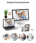 Built Different 4K 8MP IP Security Camera With Smart Human Detection And Color Night Vision H265 Codec showcases multiple devices displaying family photos.