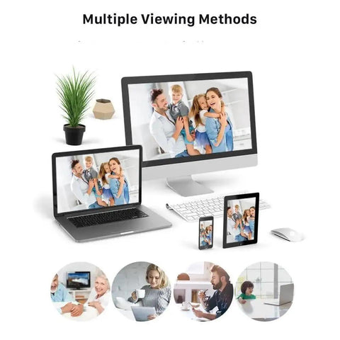Built Different 4K 8MP IP Security Camera With Smart Human Detection And Color Night Vision H265 Codec showcases multiple devices displaying family photos.