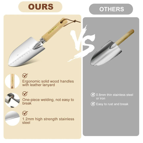 Comparison of Heavy Duty Garden Tools Set Of 10 With Stainless Steel Tools And Wooden Handles, highlighting trowel differences.