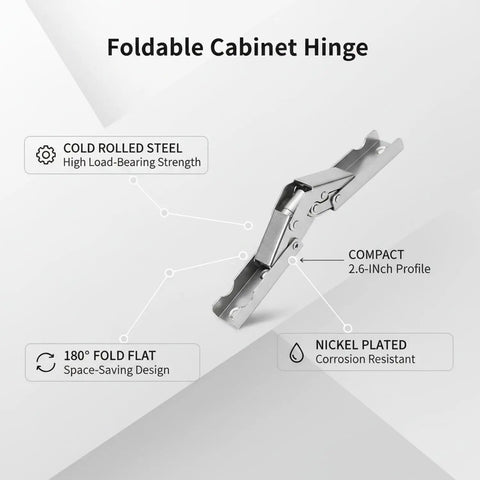 Foldable Cabinet Hinge With 90 Degree Lock And 180 Degree Fold For Drop Leaf Tables shown in nickel plated steel, 2.6 inch