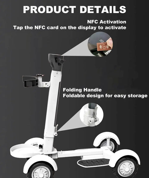Foldable Electric Golf Scooter With Built In Seat And Umbrella Holder Powered By A 2000W Dual Motor And Dependable 48V Battery featuring NFC activation and foldable handle.