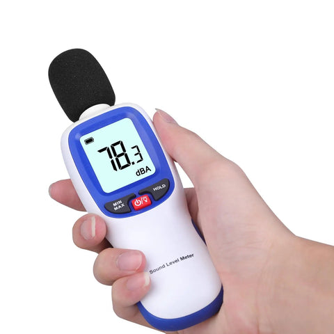 Portable SPL Meter With Digital Noise Level Gauge 30 To 130 dB A Range For Pro Grade Sound Pressure Measurements In Music Recording Studios Offices Home Industrial Noise Monitoring And More hand-held with foam mic cover