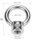 Rock Solid Boss Level Marine Grade Stainless Steel Lifting Eye Nuts 20 Pack 3/8 Inch Unc Threads shown with measurements.