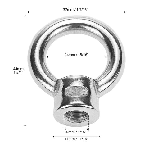 Rock Solid Boss Level Marine Grade Stainless Steel Lifting Eye Nuts 20 Pack 3/8 Inch Unc Threads shown with measurements.