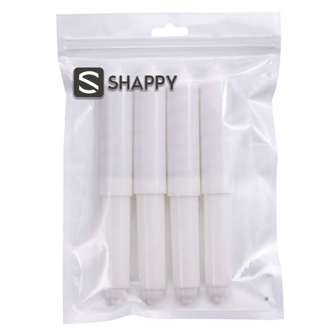 Four Pack Universal Toilet Paper Holder Replacement Rods Spring Loaded Plastic Retractable Paper Roll Inserts Fits Most Standard Bathroom Fixtures White Must Have Easy Install in packaging