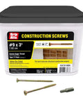 9X3 Inch Construction Screw With T25 Star Drive in screw box, showing coarse thread and gold finish for woodworking and heavy projects
