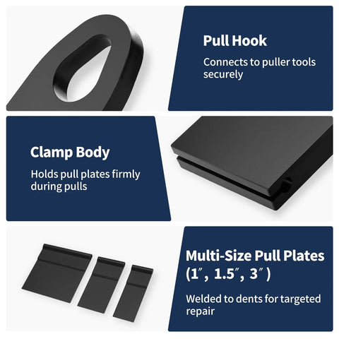 Universal Auto Body Pull And Weld Clamp Set 7Pcs features powder coated steel pull hook and multi-size pull plates.