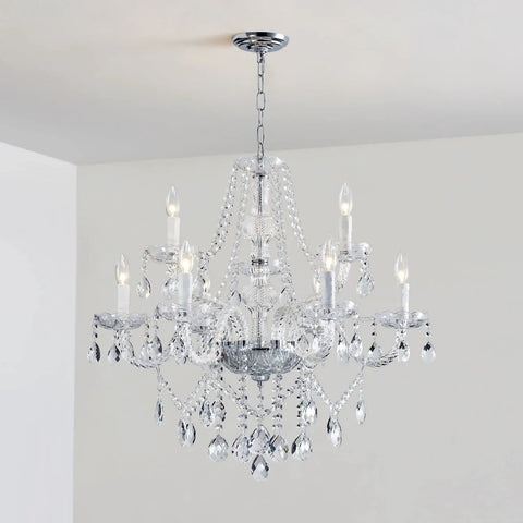 Nine Light Modern Crystal Glass Chandelier Pendant Ceiling Light Fixture With Glass Droplets, 28 Inch Wide 28 Inch High, Easy Install