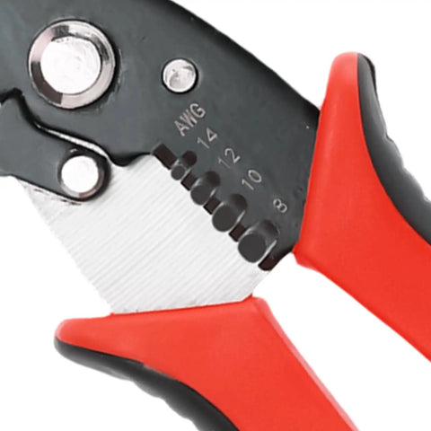 Close-up of No Sweat 8 Inch Heavy Duty Wire Stripper And Cable Cutter Tool showing precision hole design for wire sizes.