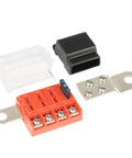 ST Blade Fuse Block Battery Terminal Mount 4 Way Kit components, fuse block, ring terminals, protective covers