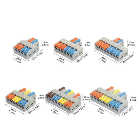 Heavy Duty Quick Push In Wire Connectors With Lever Operated Terminals For Fast Tool Free Splicing Solid Stranded Copper Conductors Flame Retardant Housing Rated 32A And 600V, six-way connector size 50x30x10mm
