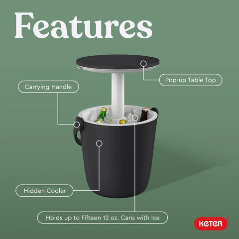Go Bar 4.2 Gallon Portable Beer And Wine Cooler With Hidden Ice Storage, shown with pop-up cocktail table and handle features