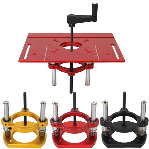 Rugged Adjustable Router Lift Made Of Solid Aluminum With Dual Stainless Steel Rods Runs Smooth As Butter Fits 65mm Trimmers quick under table insert base plate with red lift and clamps