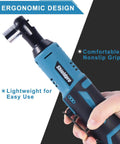 Cordless Electric Ratchet Wrench Kit With Forty Ft Lb Torque, Three Eighths Inch Drive shown with blue ergonomic design and easy grip handle