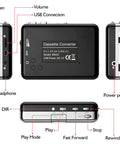 Portable Tape Player With Earphone Jack And MP3 Converter, Retro Cassette To Digital, labeled buttons and ports, black