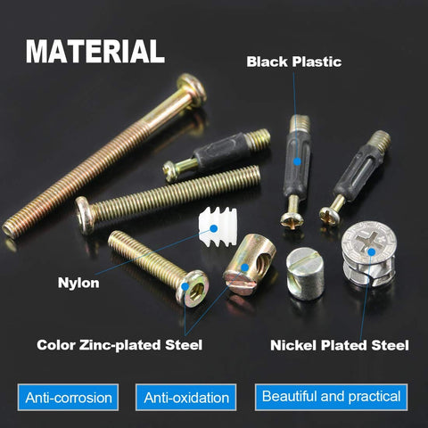 125 Piece 3 In 1 Diy Ready Furniture Connecting Hardware Set hex screws, barrel nuts, cam fittings, black plastic, nickel steel
