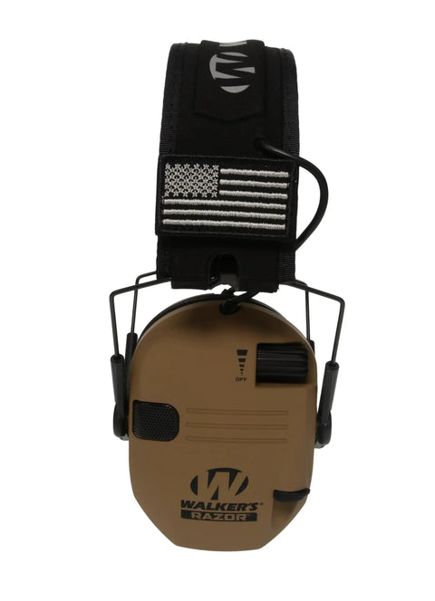 Front view of Razor Slim Electronic Earmuffs For Shooting And Hunting With Ultra Low Profile Design in Battle Brown