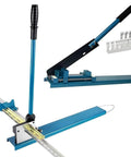 Heavy Duty Bench Mounted Din Rail Cutter For Wire Duct Trunking With 45 And 90 Degree Head And Measuring Ruler Pro Grade Tool, bench-mounted blue cutter with adjustable ruler.